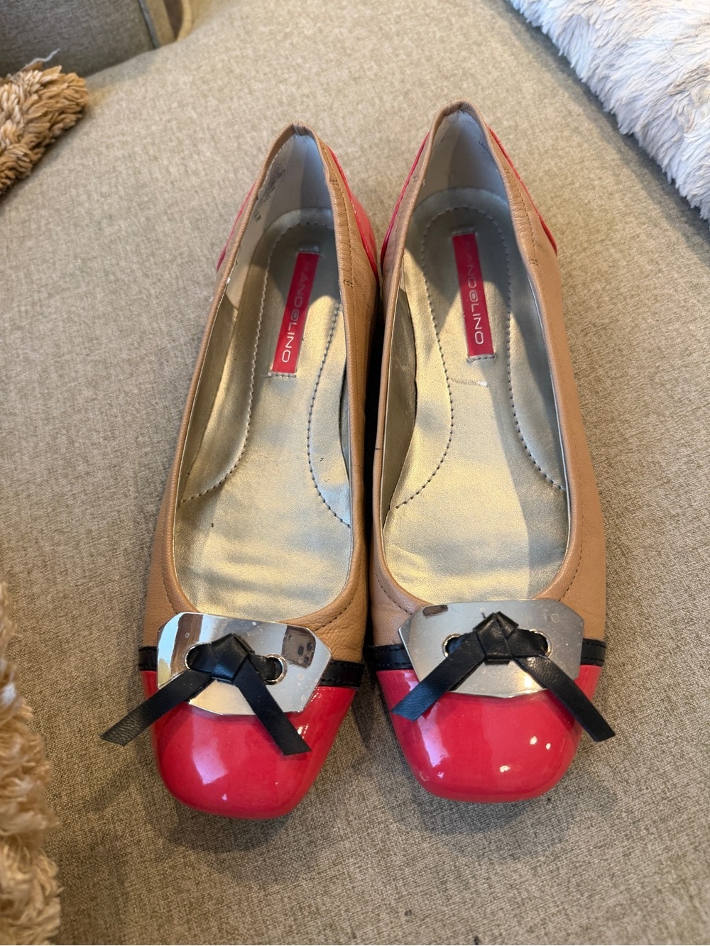 Bandolino Two-Tone Beige and Red Ballet Flats with Bow Accent